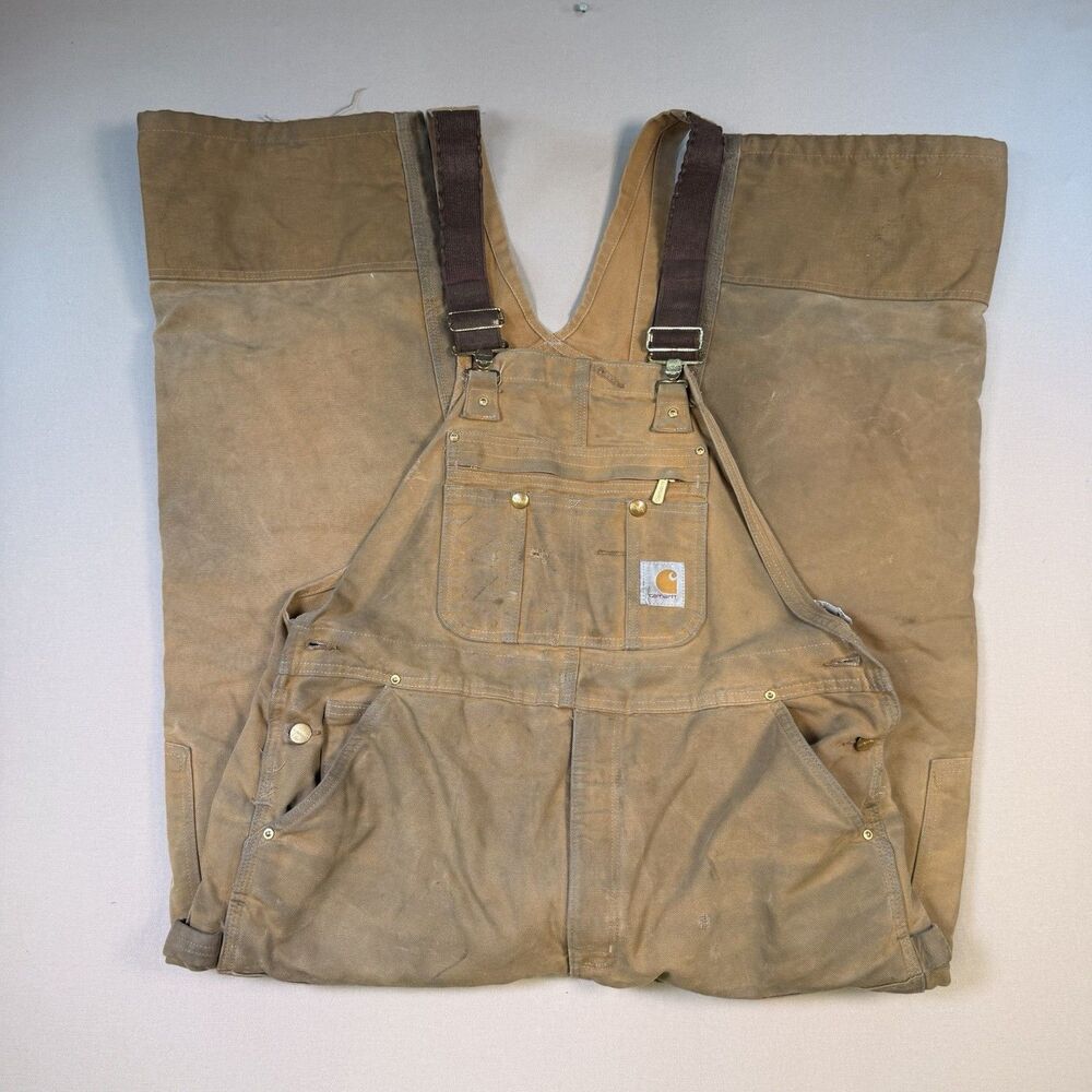 Vintage Carhartt R41 BRN Bib Overalls 44x30 Red Quilt Lined Distressed